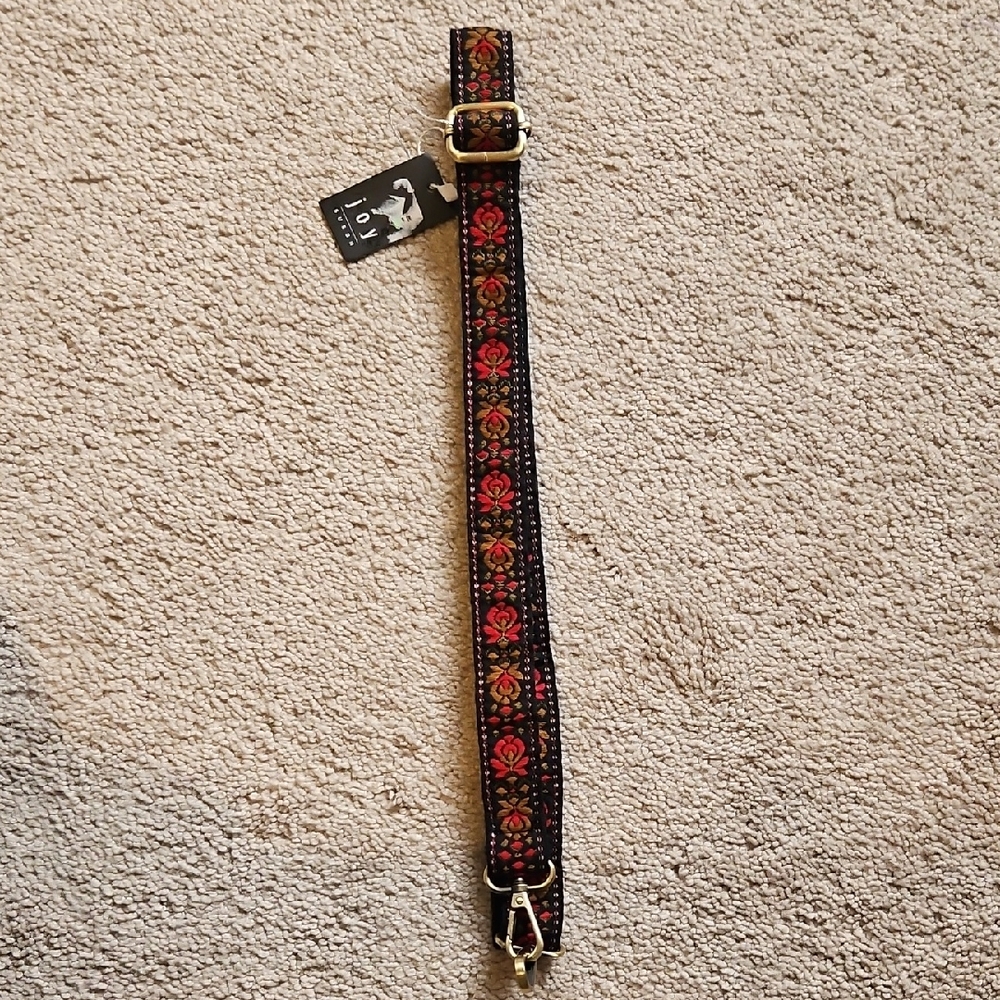 NWT Joy Susan Black Strap with Red and Gold Embroidered Floral Design